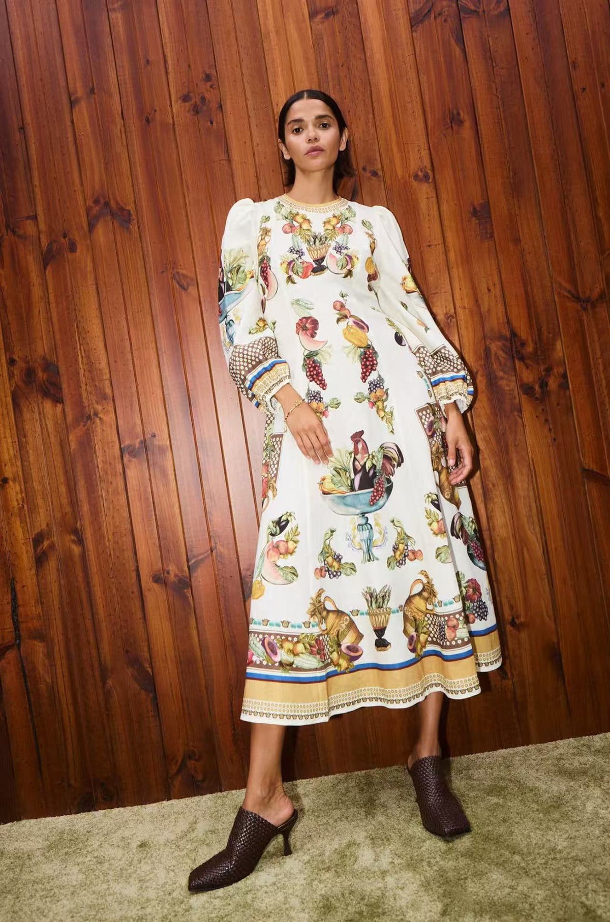Puff Sleeve Retro Midi-Length Dress