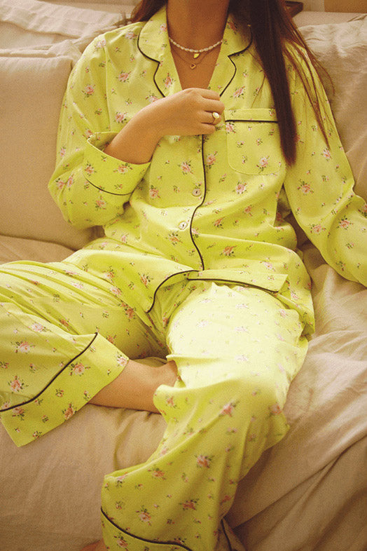 Fluorescent Green Flower Long Sleeve Pajama Set