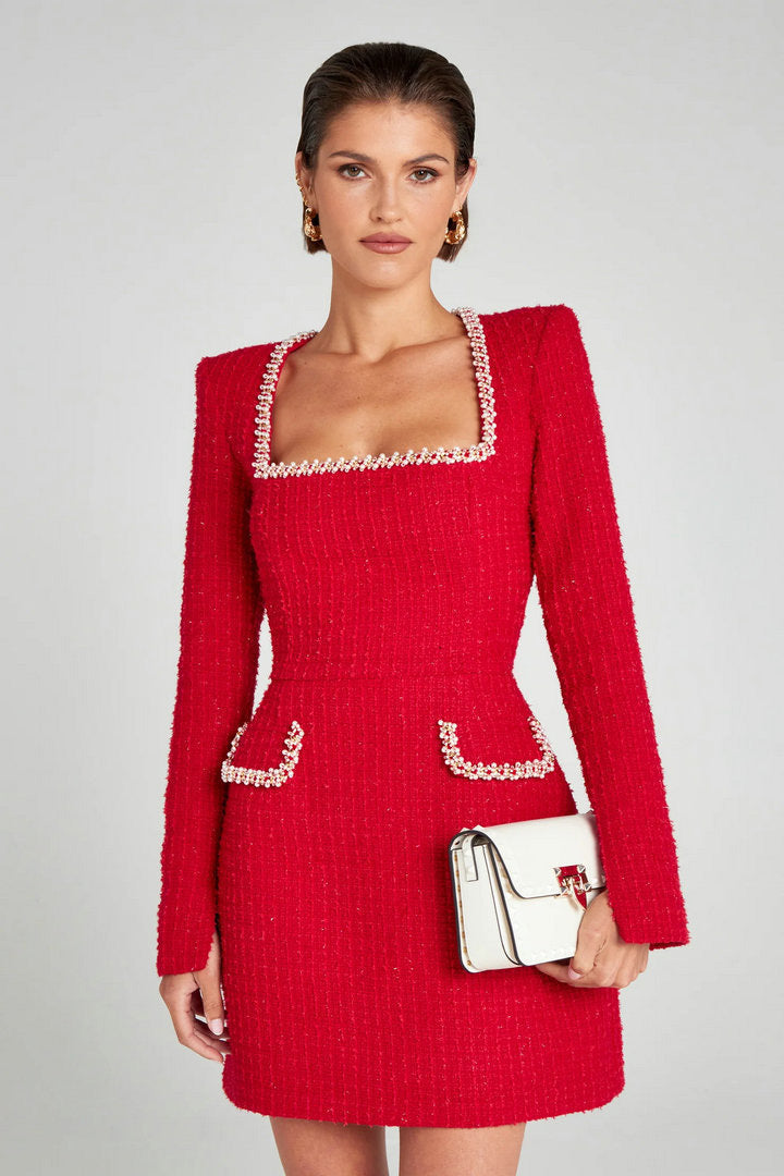 Pearl Trim Pocket Mini-Length Dress