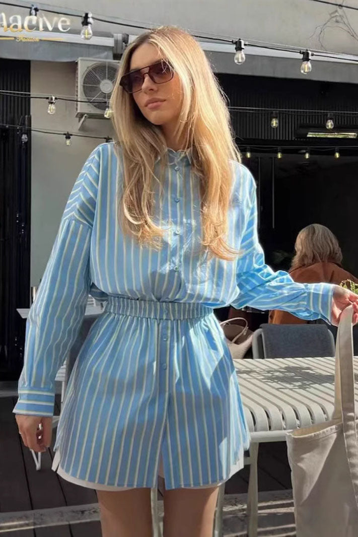 Coordinated Blue Relaxed Striped Shirt Shorts Set