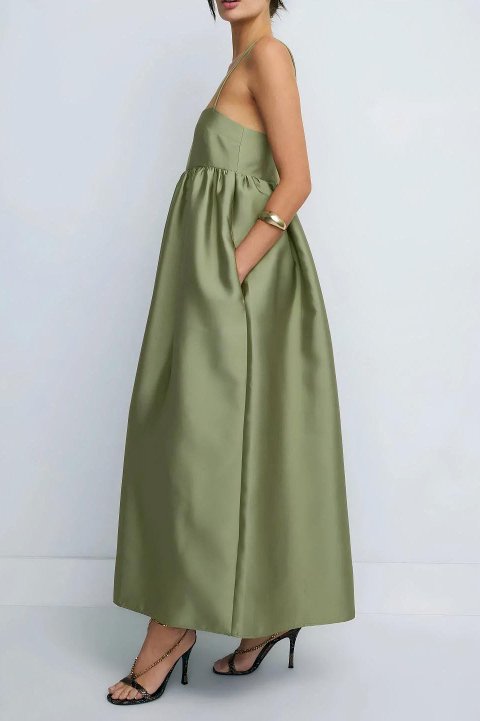 Clean-Lined Olive Green Babydoll Midi-Length Dress