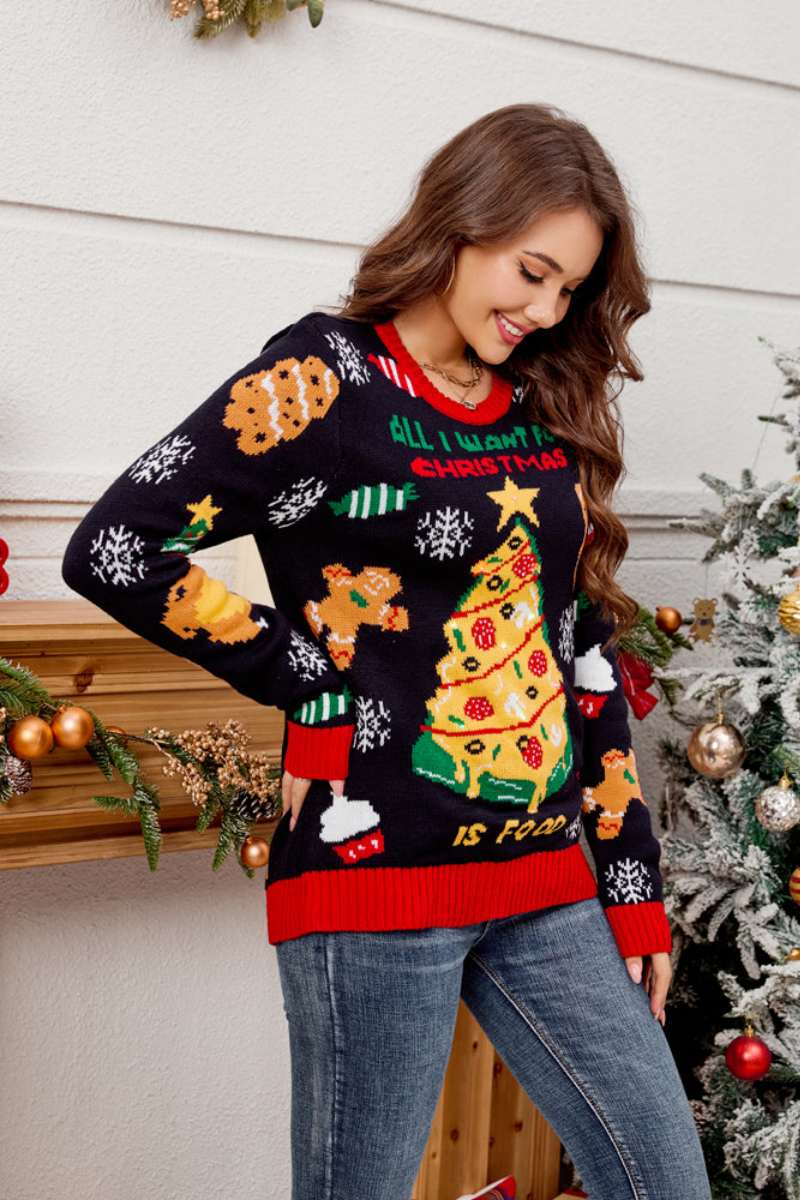 Relaxed Crew Neck Embroidered Christmas Tree Knit Sweater