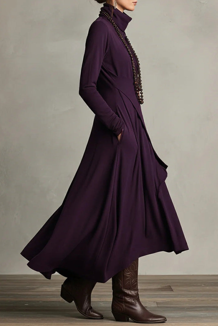 Purple High-neck Asymmetrical Pleated Maxi-Length Dress
