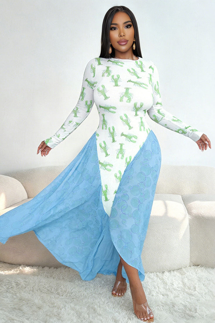 Fun Lobster Print Flowy Maxi-Length Dress