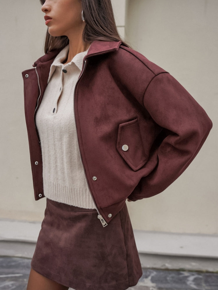Lightweight Faux Leather Jacket with Lapel Collar and Zipper