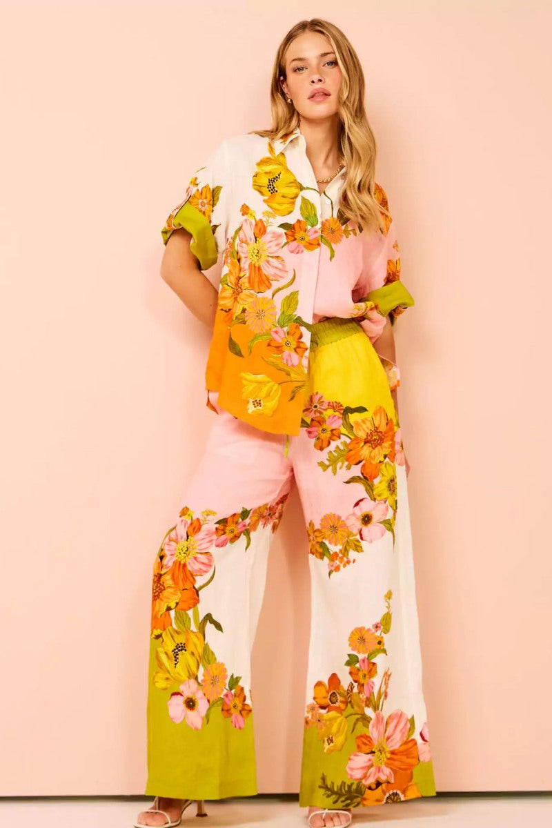 Distinctive Print Elastic Waist Pocketed Wide-Leg Trousers-Set