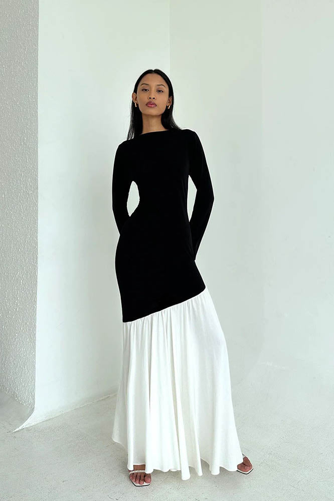 Fashionable Colorblock Waist-Cinching Fitted Midi-Length Dress