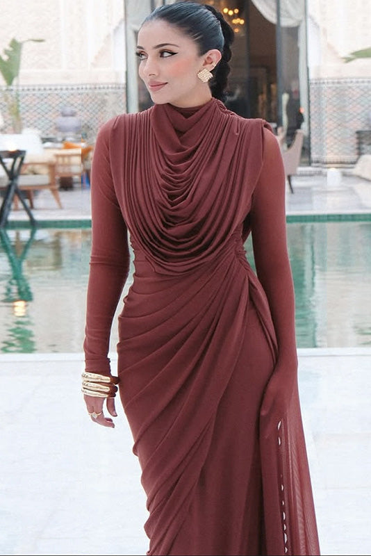 Sophisticated Terracotta Pleated Maxi-Length Dress