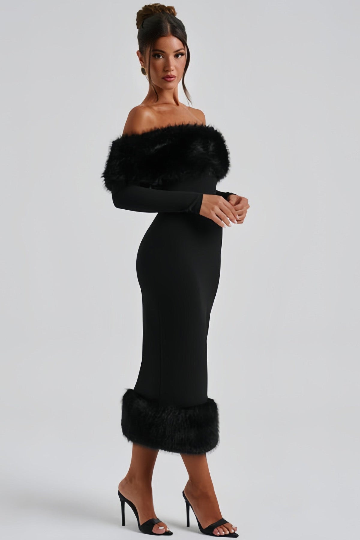 Refined One-Shoulder Fur Collar Slim Midi Dresses