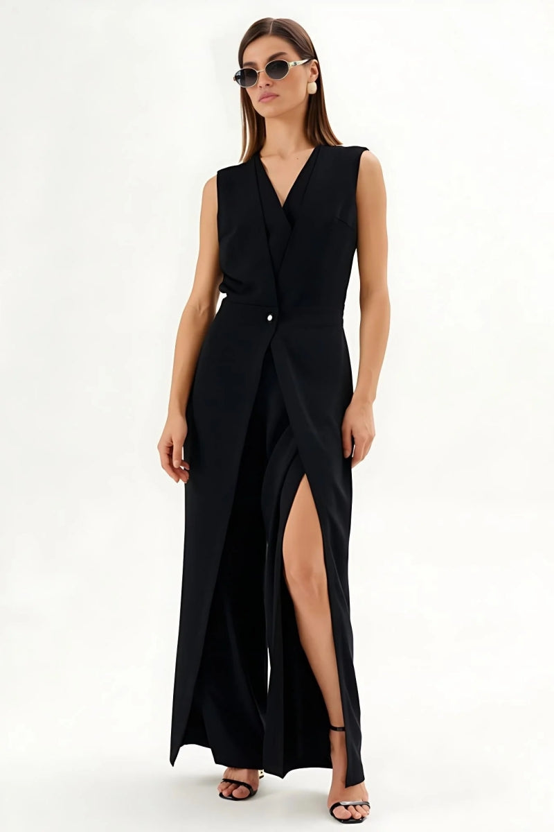Modern Black Sleeveless Wrap-Effect Wide-Leg Jumpsuit
