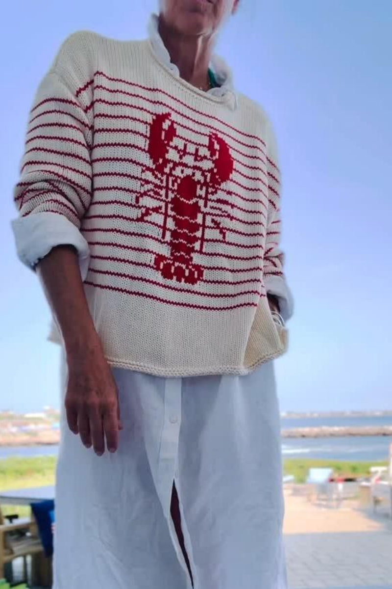 Cream & Red Striped Lobster Graphic Knit Sweater