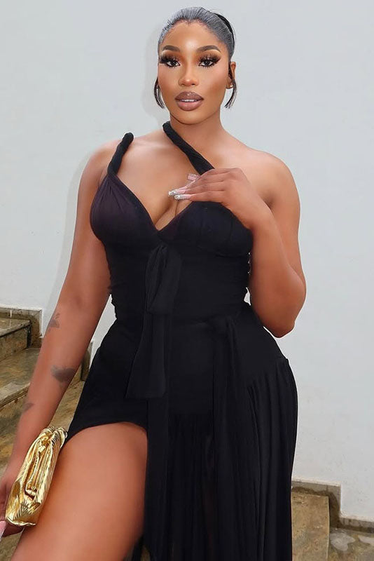 Open-Back High-Slit Fitted Dress