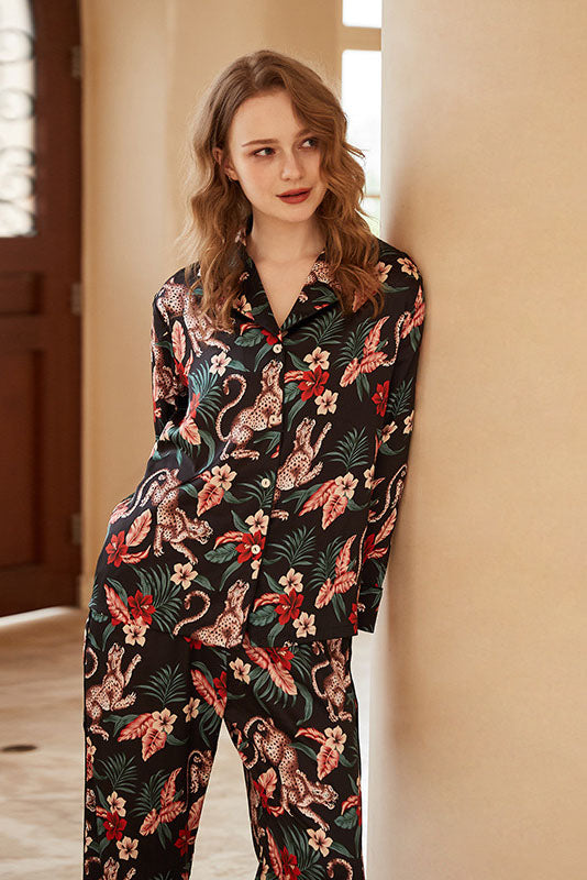 Jaguar and Flower Print Ice Silk Long-Sleeve Loungewear Set