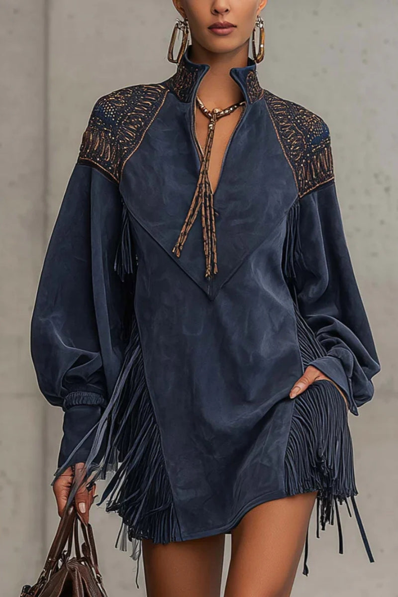 Indigo Faux Suede Embroidered Tassel Mini-Length Dress