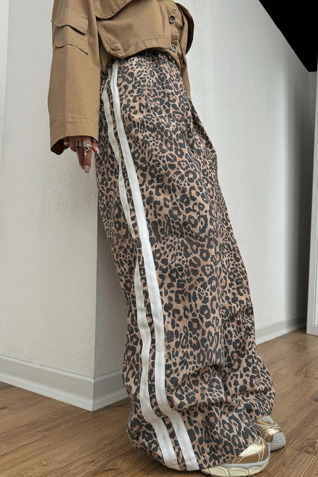 Street Style Leopard Stripe Baggy Trousers