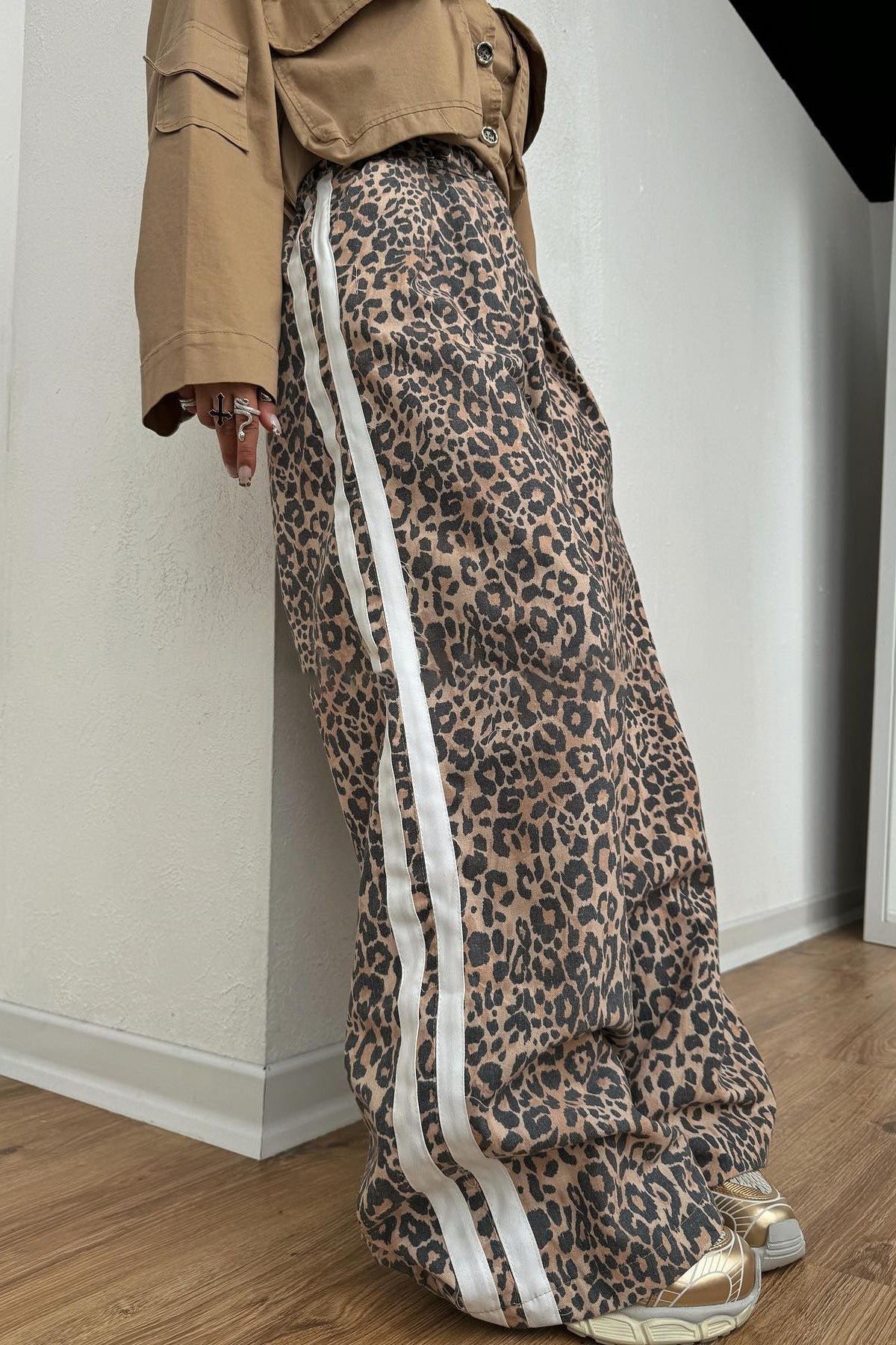 Street Style Leopard Stripe Baggy Trousers