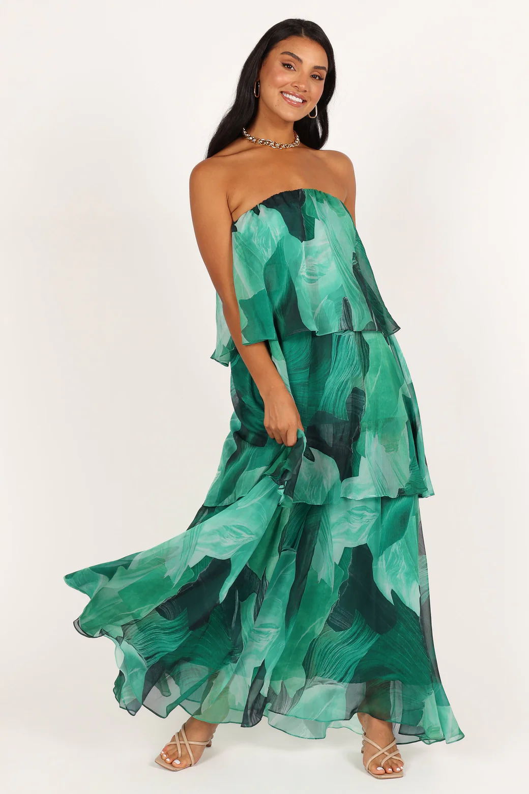 Calista Green Bloom Strapless Tiered Maxi-Length Dress