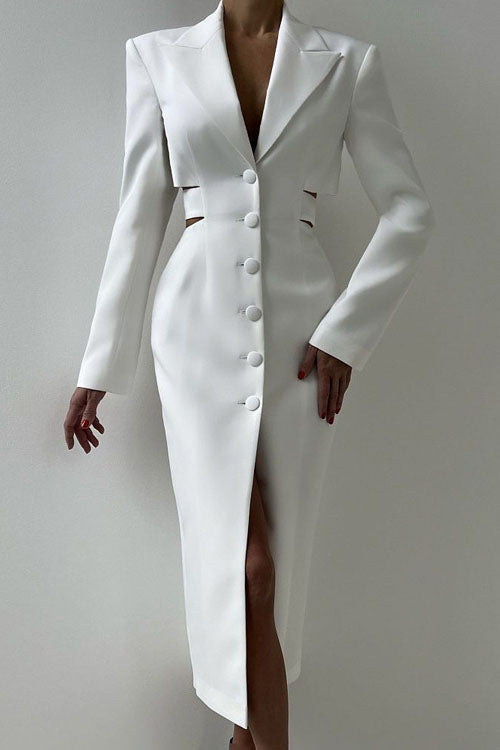 Statement Deep V Metal-Detail Blazer Midi-Length Dress