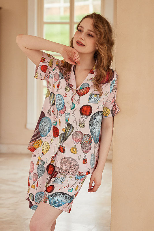 Coordinated Hot Air Balloon Print Open-Front Short-Sleeve Pajama Set