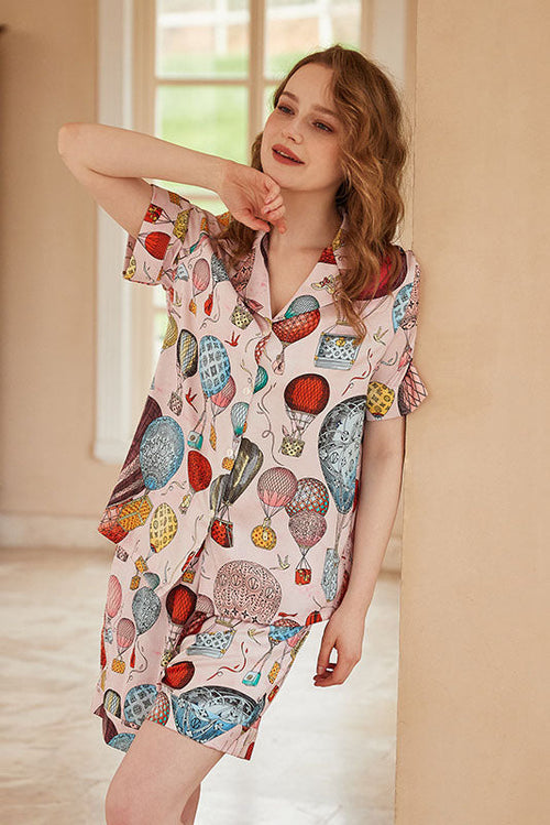 Coordinated Hot Air Balloon Print Open-Front Short-Sleeve Pajama Set