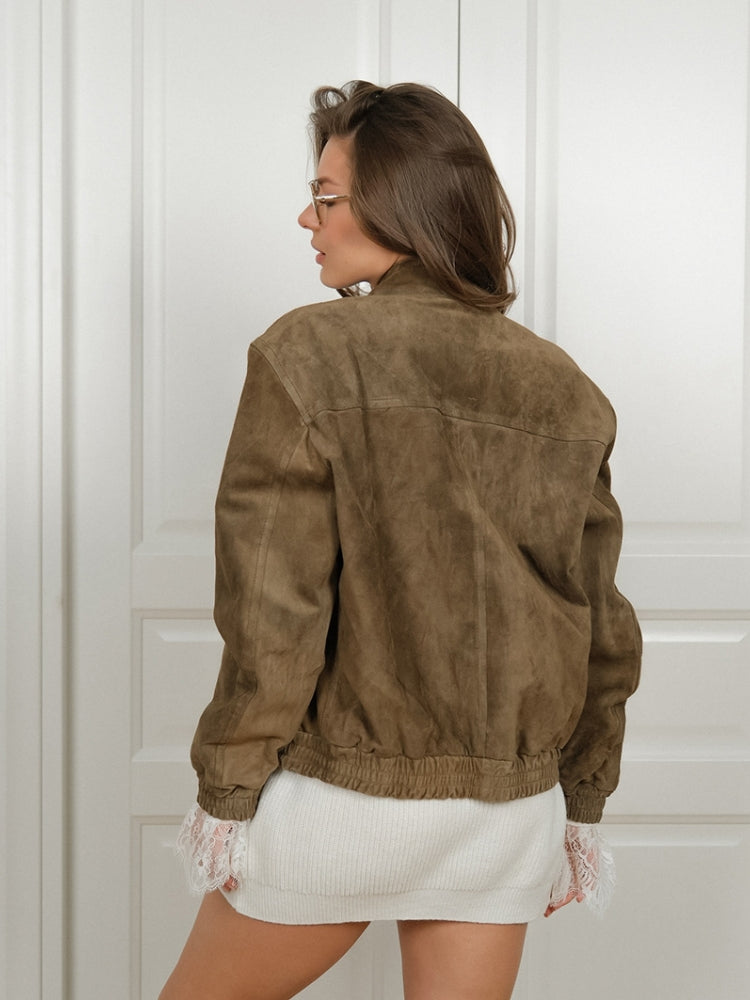 Lightweight Suede Jacket with Quilted Design and Pockets