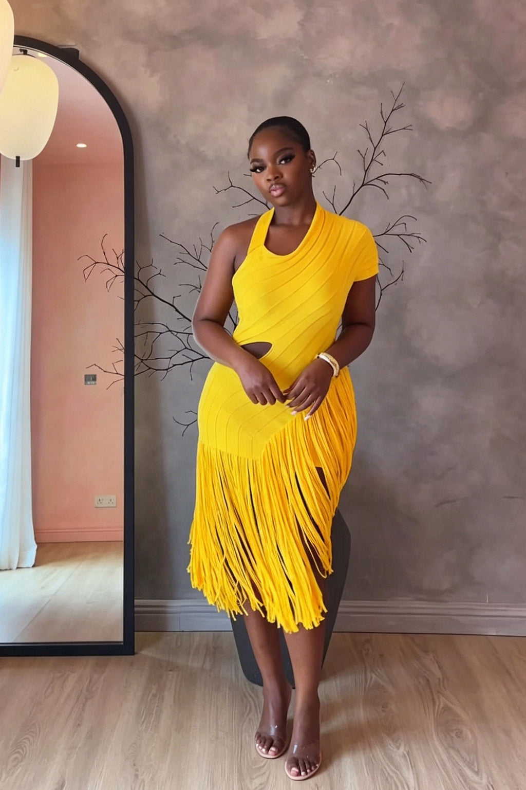 Vibrant Yellow Cut-Out Midi-Length Dress