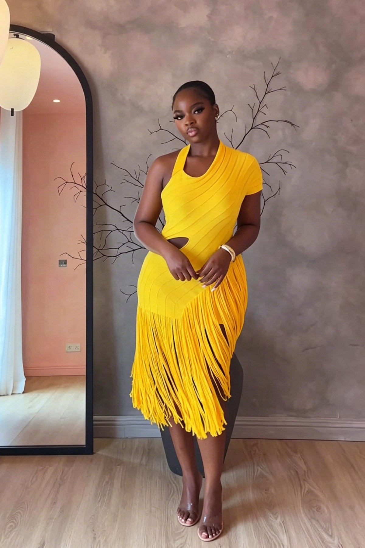 Vibrant Yellow Cut-Out Midi-Length Dress