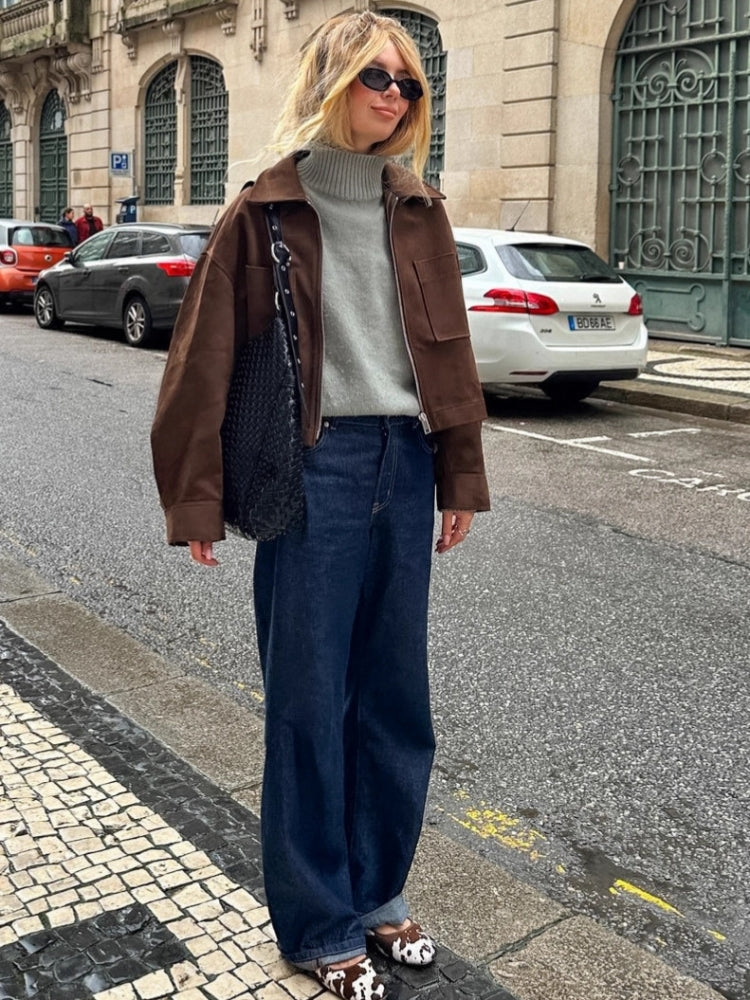 Lightweight Suede Jacket with Button Closure and Pockets