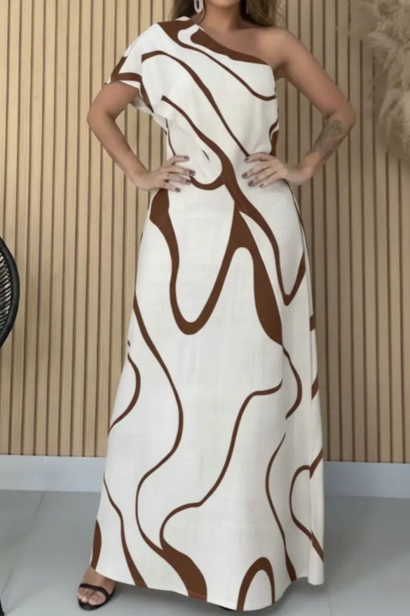 Abstract Wave One-Shoulder Maxi-Length Dress
