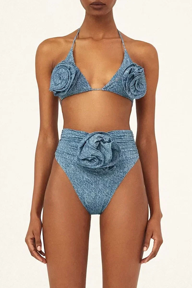 3D Flower Halter Sexy Two-Piece Bikini
