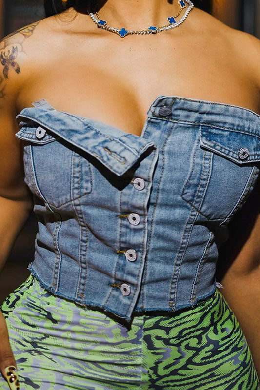 Modern Trendy Denim Buttoned Top