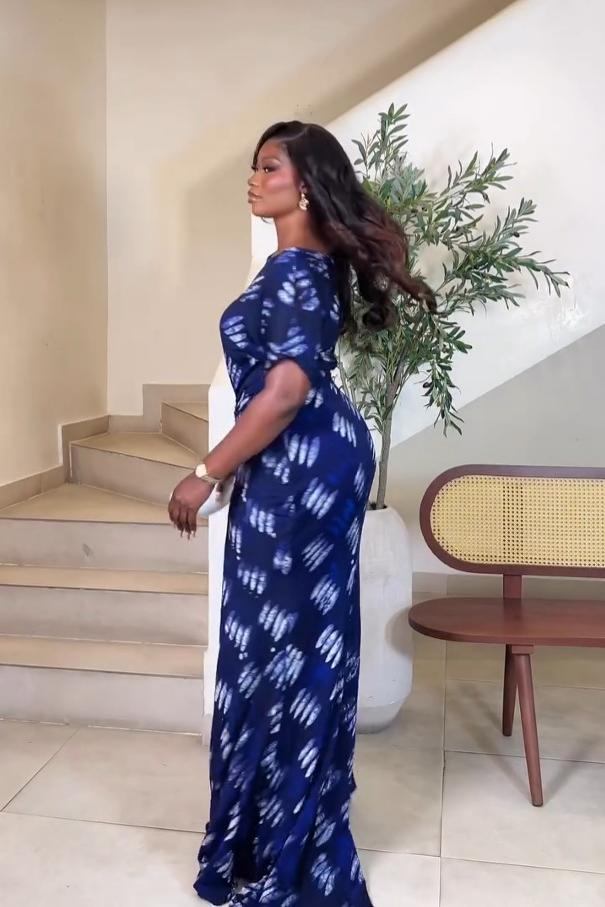 Navy Blue Feather-Print Ruched Maxi-Length Dress