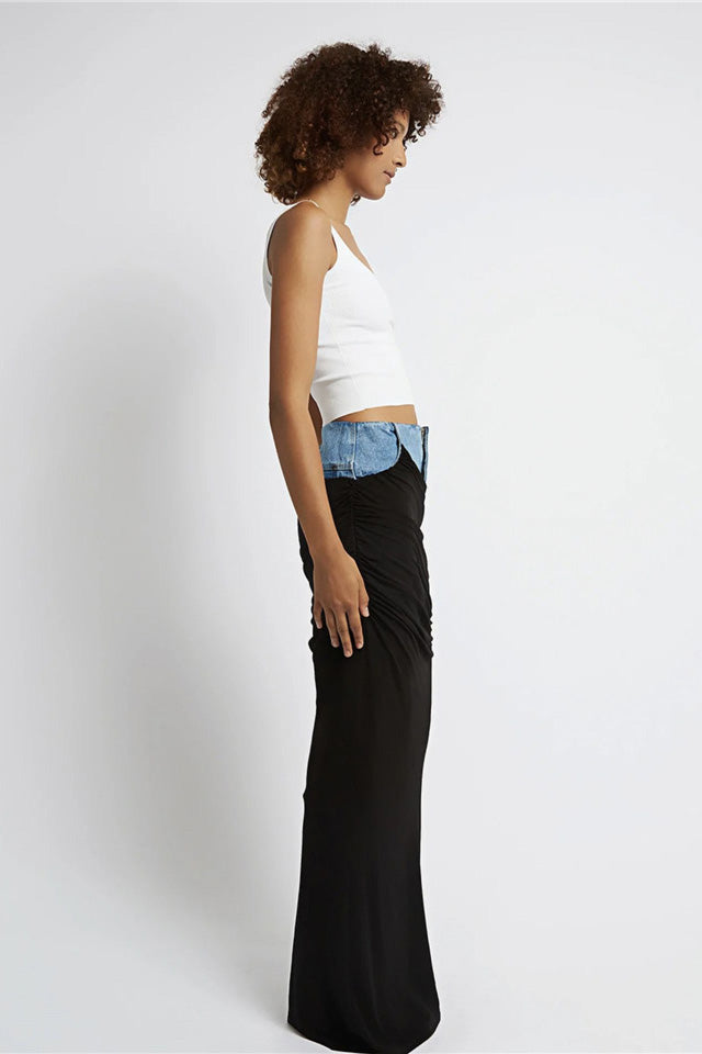 Modern Black Ruched Denim Skirt