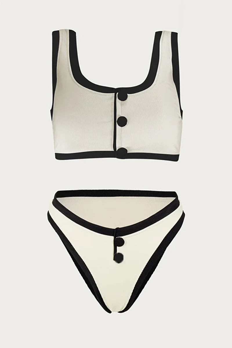 Refined Contrast Button Detail Two-Piece Swimsuit