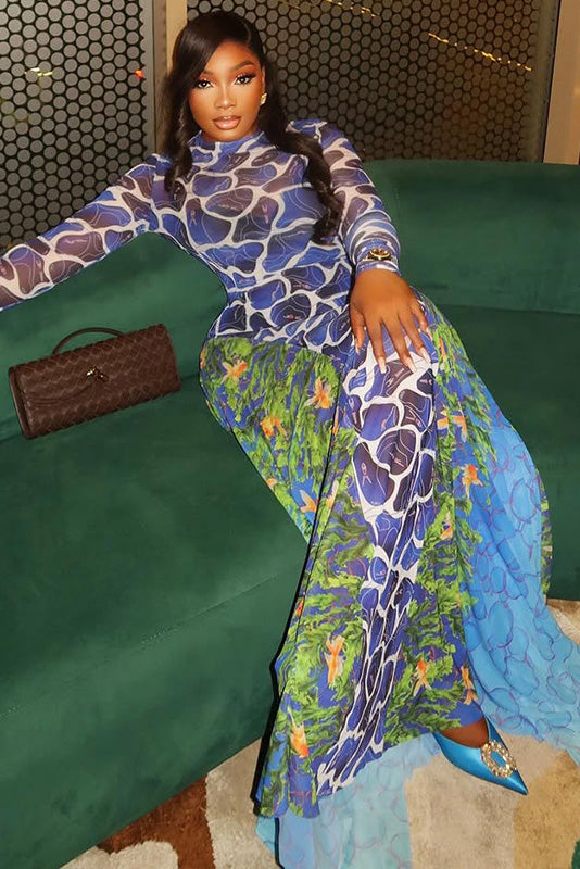 Exotic Blue Print Turtle Neck Maxi-Length Dress