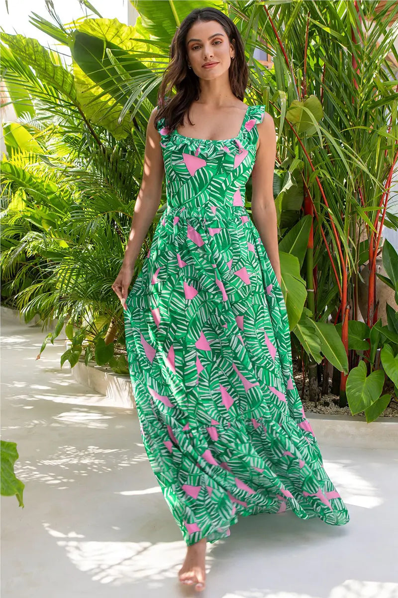 Green Ruffled Print One Piece Swimsuit