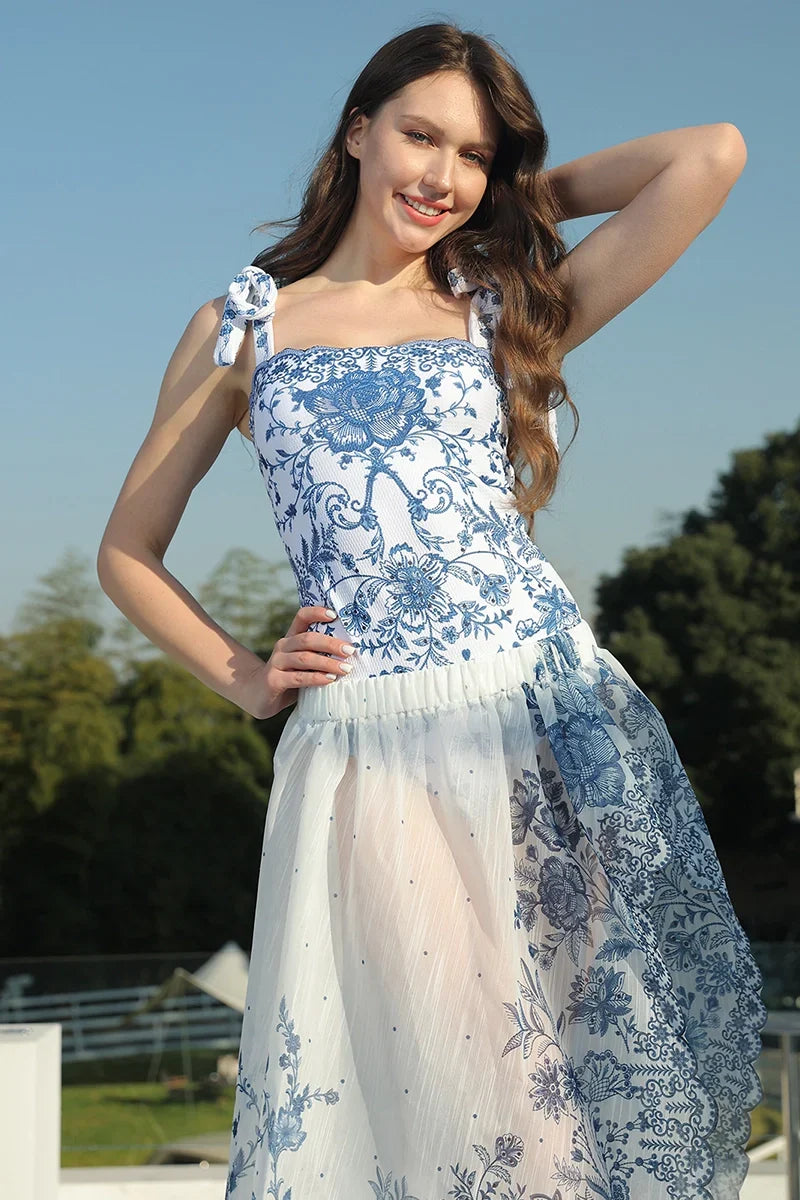 Flower Bow Tie One-Piece Swimwear Set