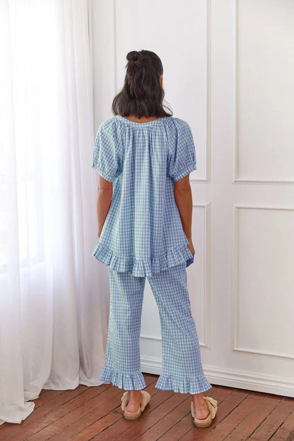 Relaxed Ruffled Plaid Print Shirt Pajama Set