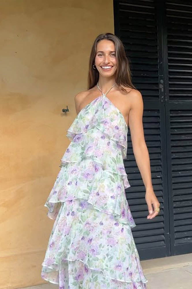 Layered Flower Halter Maxi-Length Dress