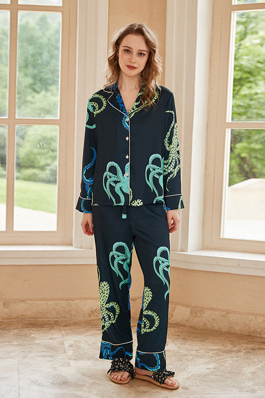Coordinated Octopus Print Long-Sleeve Pajama Loungewear Set