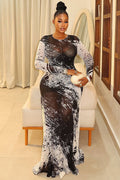 Ink Print Sheer Mesh Maxi-Length Dress