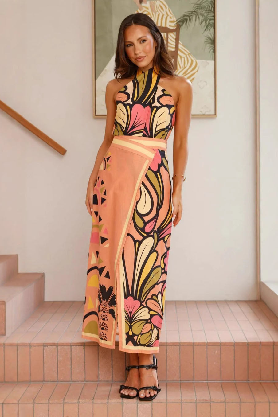 Wild Print Halter Neck Knit Cardigan with Skirt Set