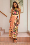 Wild Print Halter Neck Knit Cardigan with Skirt Set