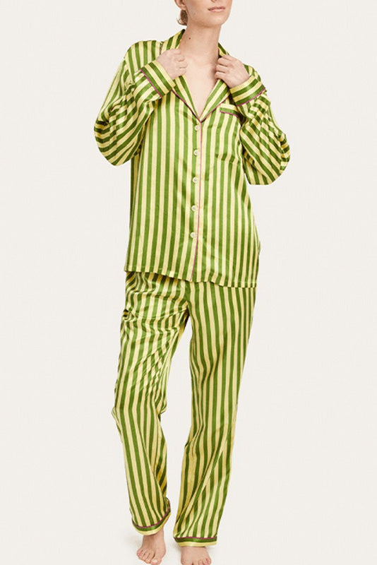 Retro Green Striped Long Sleeve Pajama Set