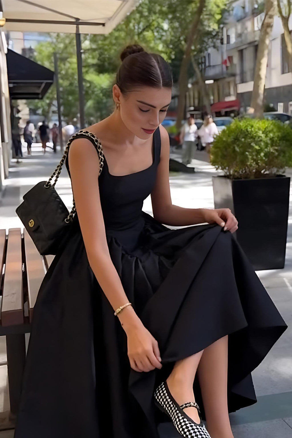 Black Square Neck Back Bow Midi-Length Dress