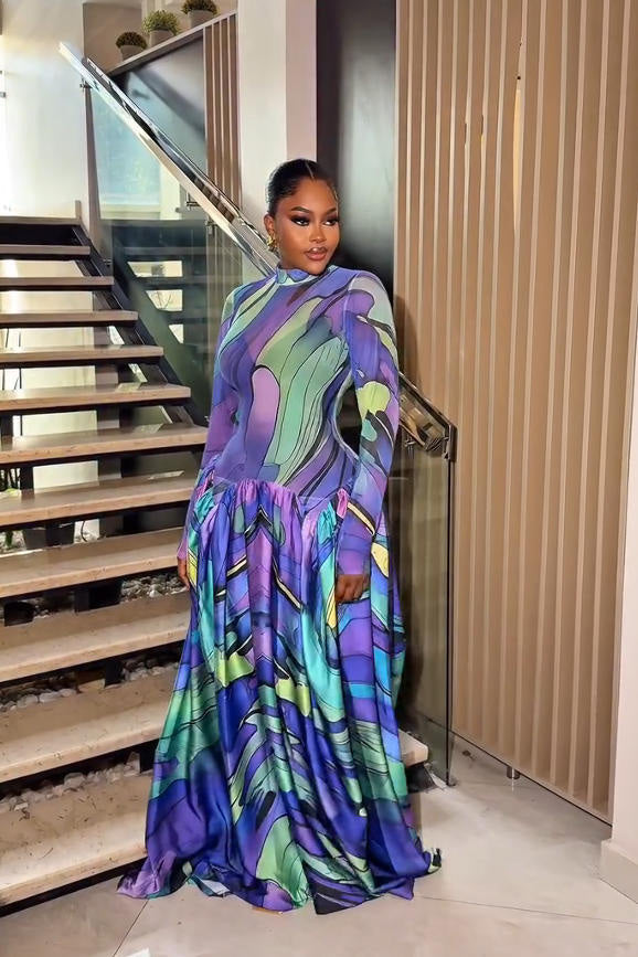 Blue Art-Paint Inspired Maxi-Length Dress