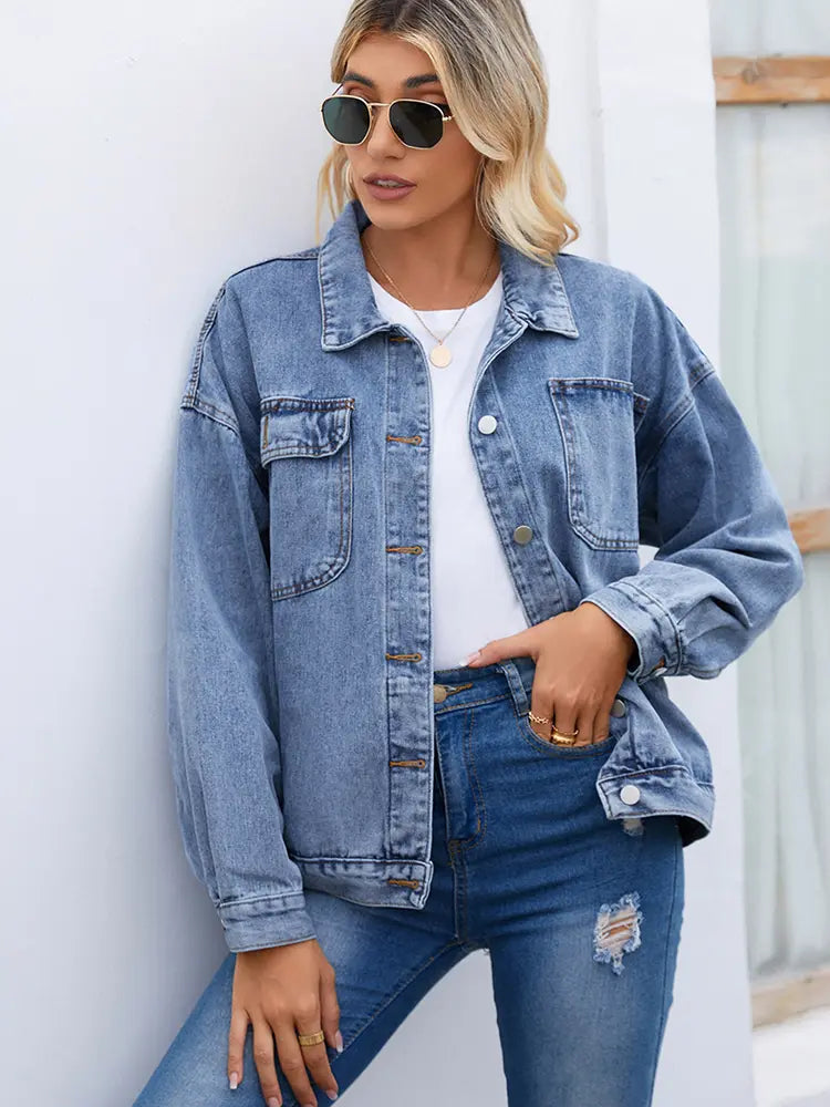 Denim Jacket in a Washed Look with Button Closure and Relaxed Fit