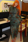 Forest Leaf Tie-Dye Slim Midi-Length Dress