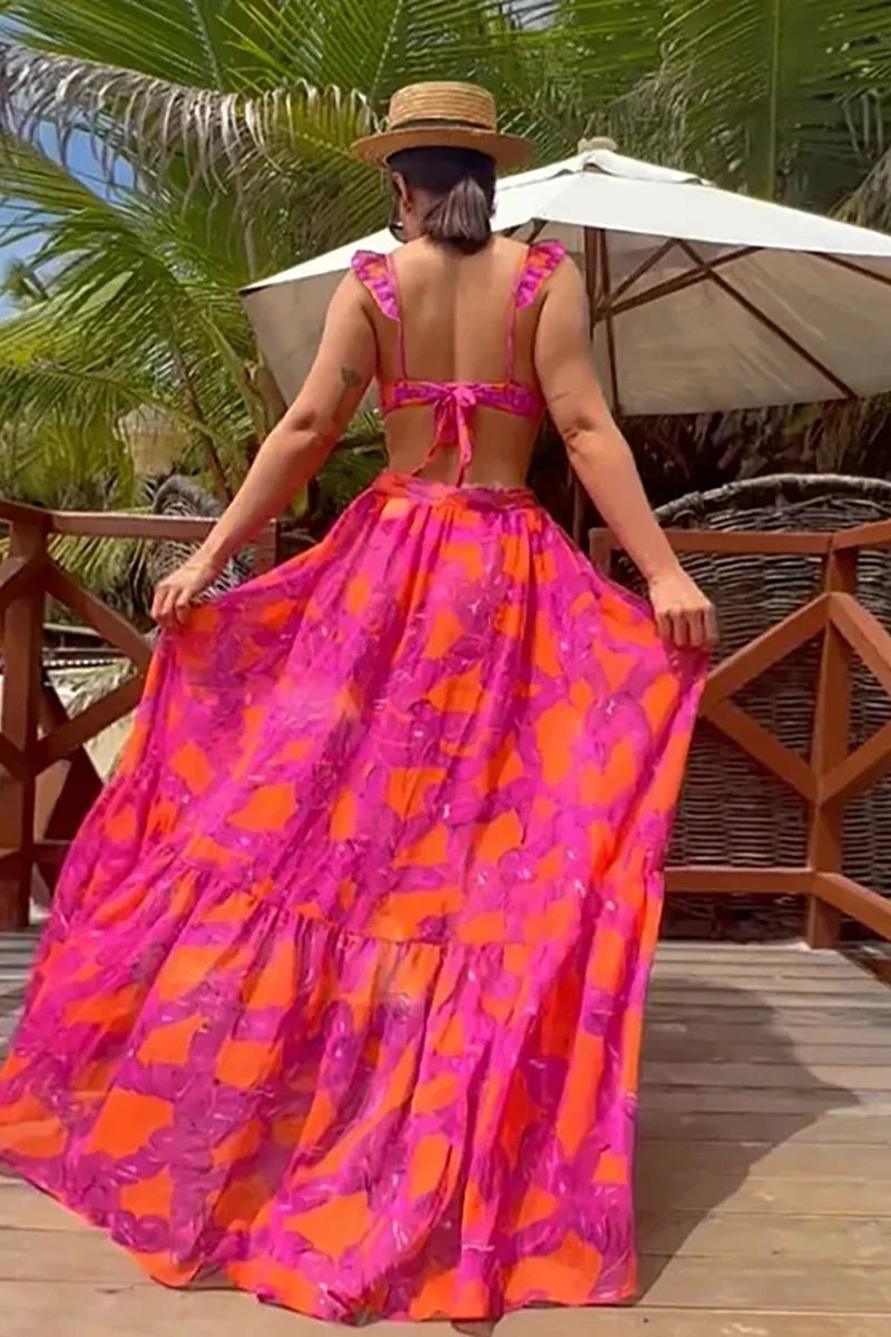 Flower Ruffled High-Waisted Bikini Skirt Set