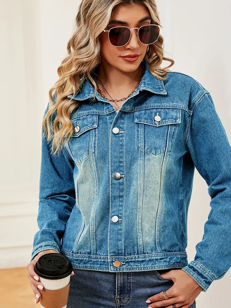Washed Denim Jacket with Button Closure, Pockets and Long Sleeves